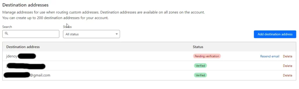 create custom destination address status